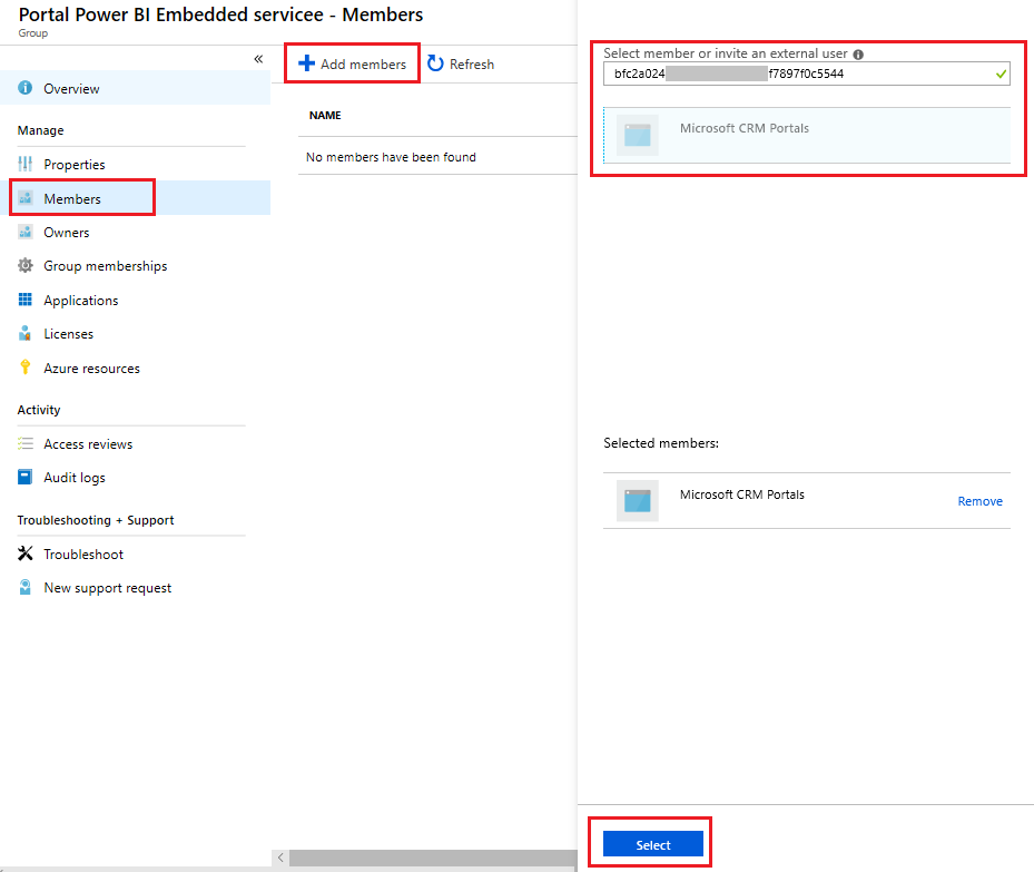 Ajouter un membre dans le groupe de sécurité pour le service Power BI Embedded.