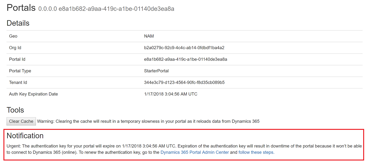 Notification d’expiration de la clé d’authentification sur le portail.