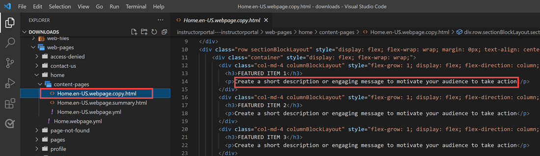 Visual Studio Code avec texte mis en surbrillance pour modification.