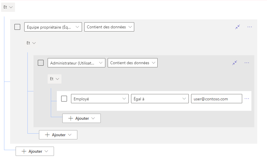 Capture d’écran montrant plusieurs filtres avec Relations imbriqué.