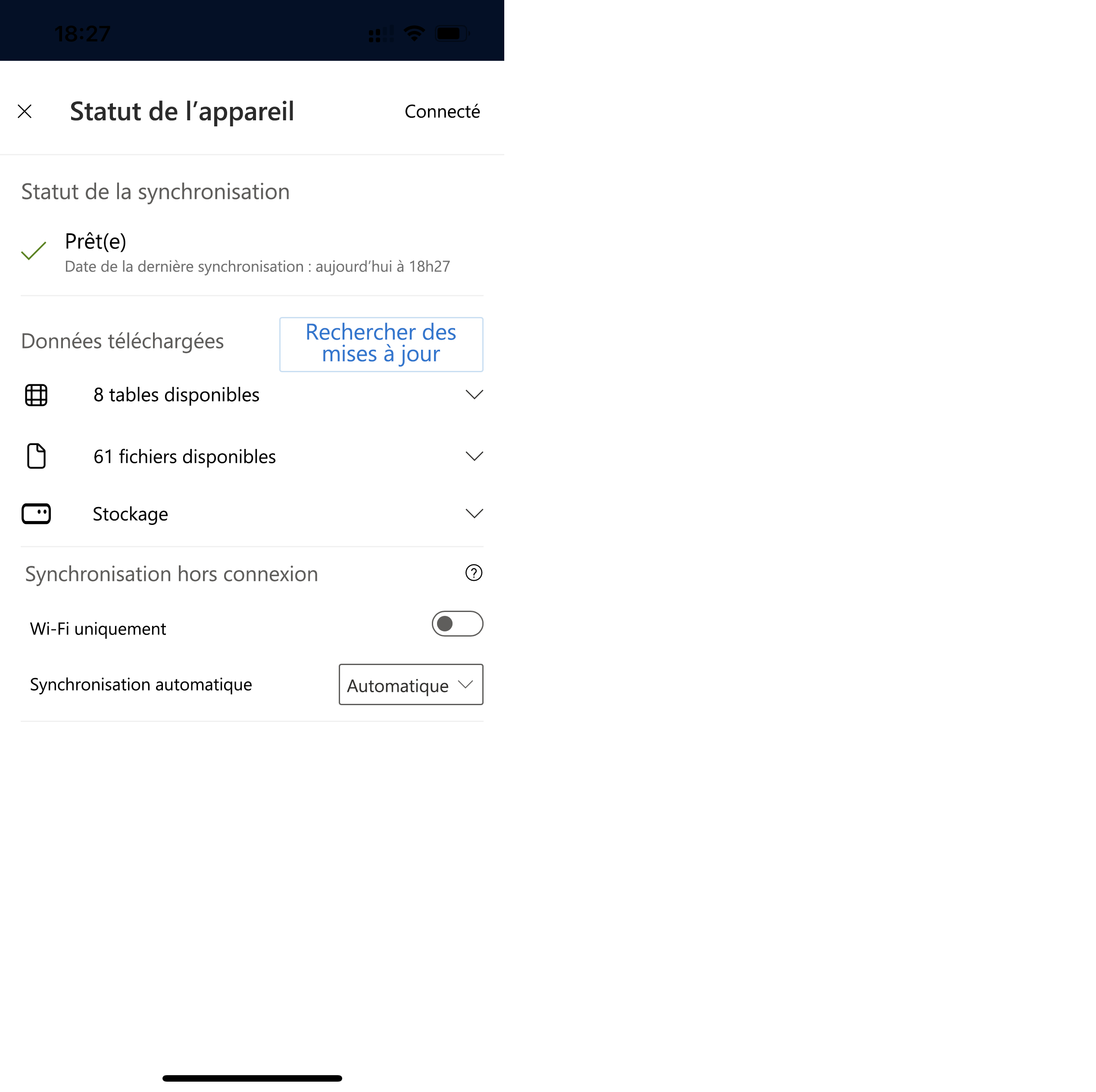 La page d’état d’une application mobile affichant les paramètres de synchronisation.