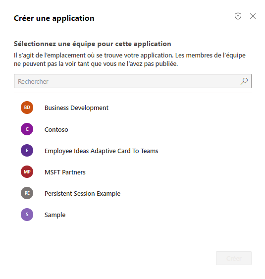 Sélectionnez une équipe pour créer l’application.