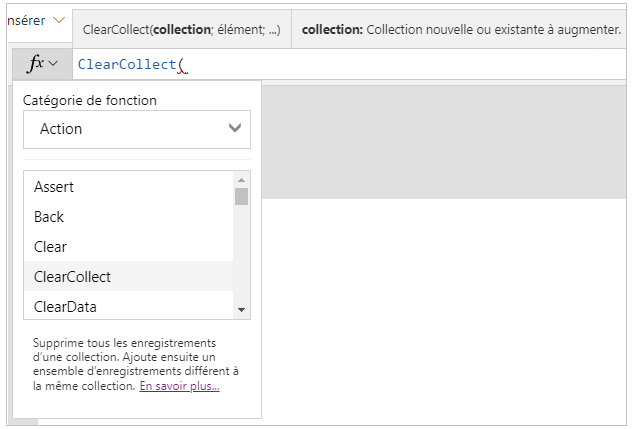 Fonction ClearCollect() sélectionnée.