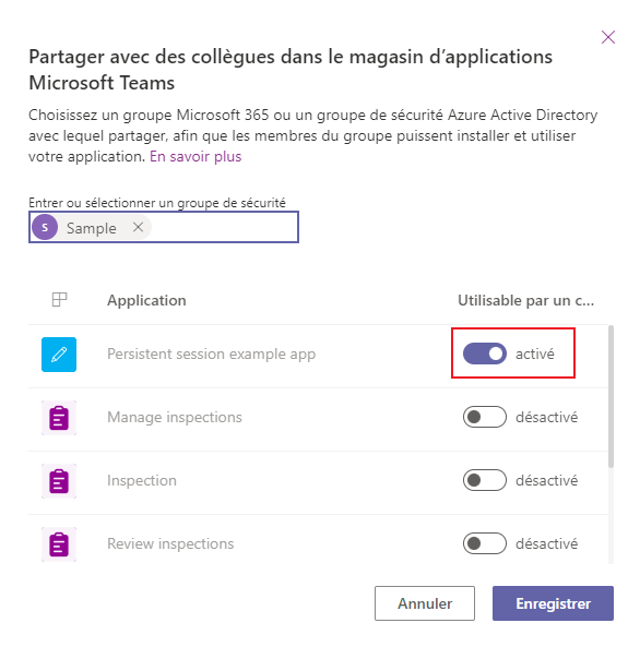 Activer pour les applications et les tables.