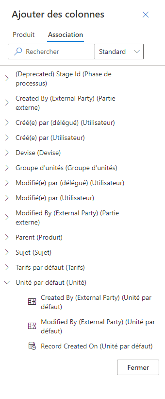 Une capture d’écran de la liste des colonnes dans les tables connexes pouvant être ajoutées à une vue.