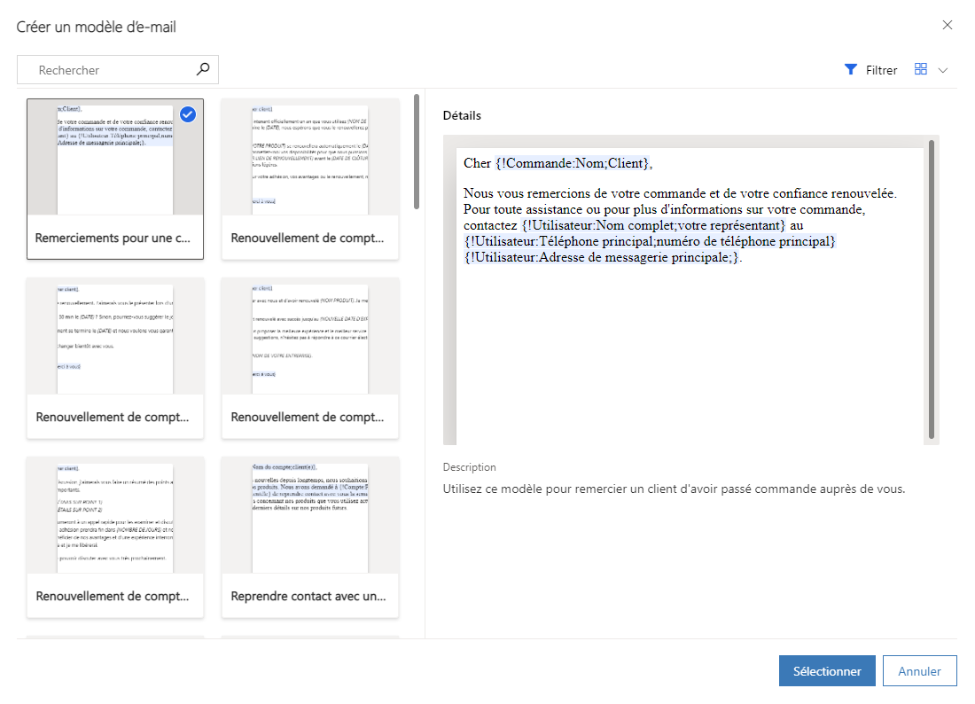 Capture d’écran montrant les modèles de courrier électronique existants à partir desquels commencer.