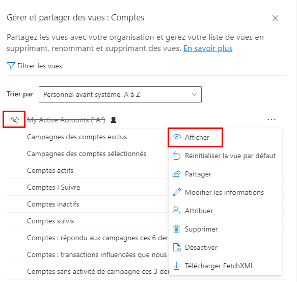 Une capture d’écran du volet Gérer et partager les vues sur une page de grille, montrant les options pour restaurer une vue masquée.