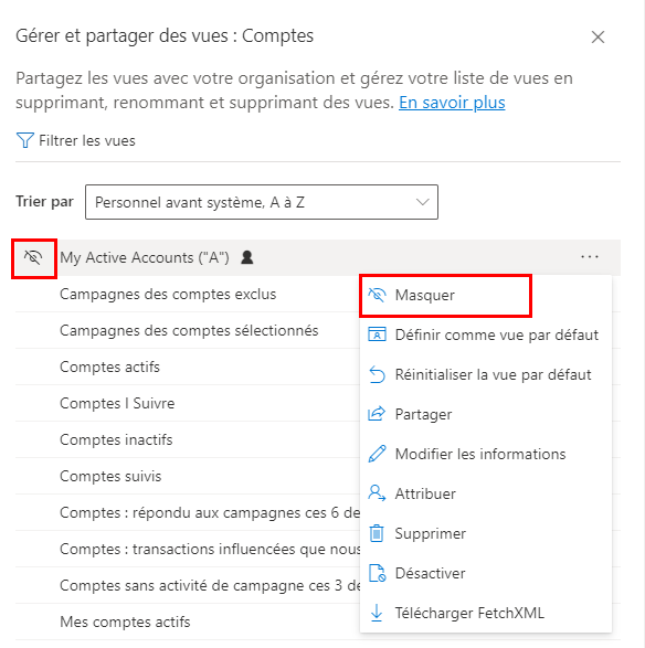 Une capture d’écran du volet Gérer et partager les vues sur une page de grille, montrant les options de masquage de la vue.