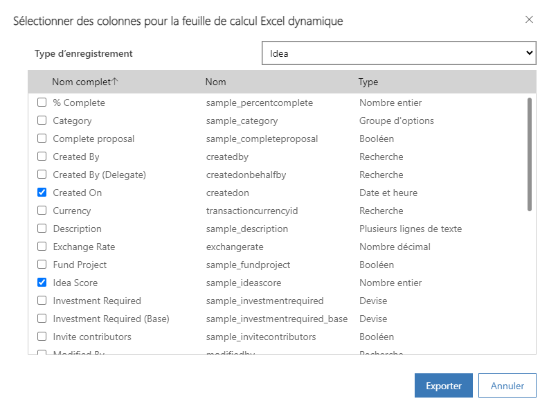 Sélectionner les colonnes à exporter.