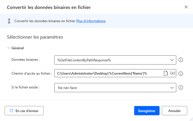Capture d’écran de l’action Convertir les données binaires en fichier.