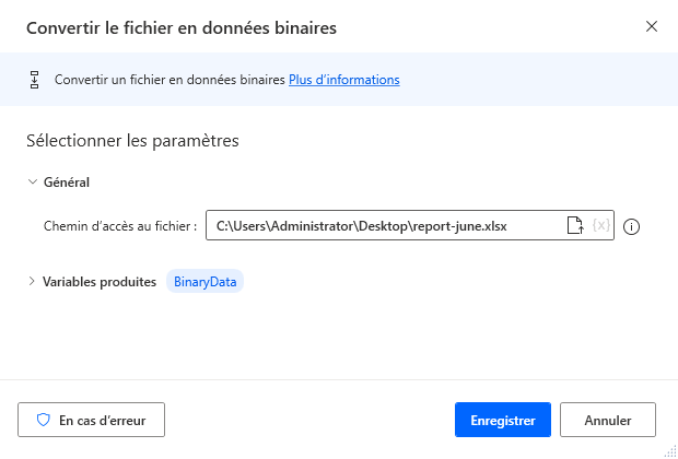 Capture d’écran de l’action Convertir le fichier en données binaires.