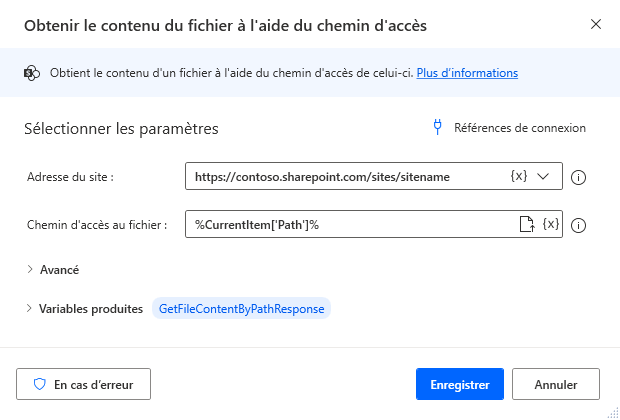 Capture d’écran de l’action Récupérer le contenu du fichier en utilisant le chemin d´accès.