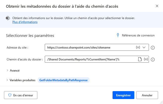 Capture d’écran de la deuxième action Récupérer les métadonnées du dossier en utilisant le chemin d´accès.