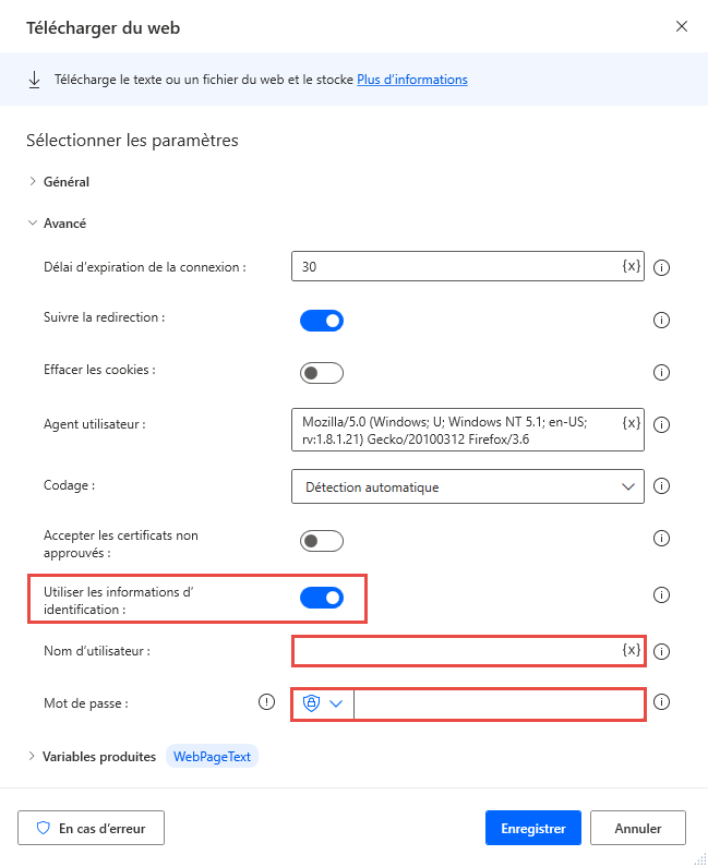 Capture d’écran des paramètres avancés de l’action Télécharger depuis le Web.