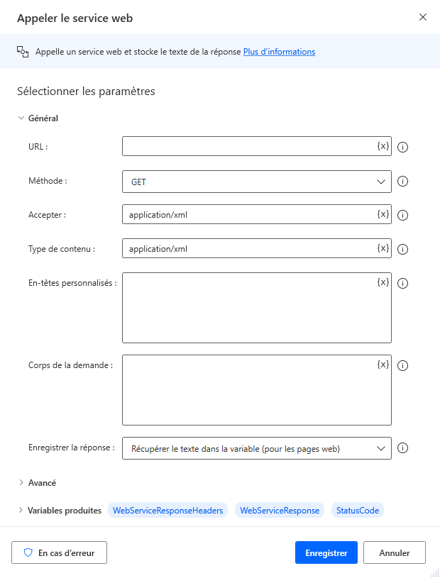 Capture d’écran de l’action Appeler le service web.