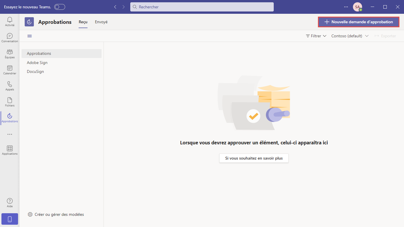 Capture d’écran du bouton Nouvelle demande d’approbation dans Teams.