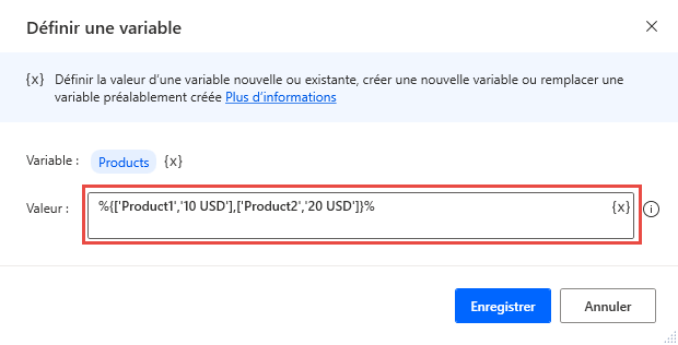 Capture d’écran d’une action Définir une variable qui crée une table de données.