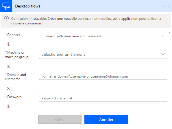 Capture d’écran de l’option de connexion dans l’action Exécuter un flux générée à l’aide de l’action Power Automate pour le bureau.