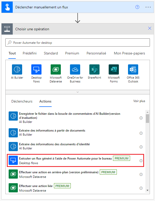 Capture d’écran de l’action Exécuter un flux généré à l’aide de Power Automate pour ordinateur de bureau.