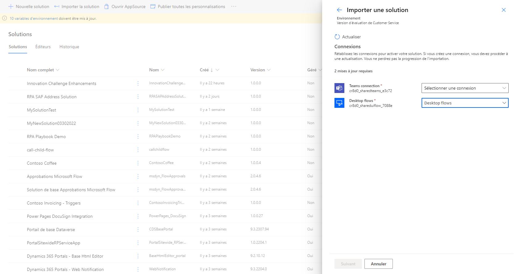 Capture d’écran des connexions qui doivent être configurées pour être utilisées par la solution.