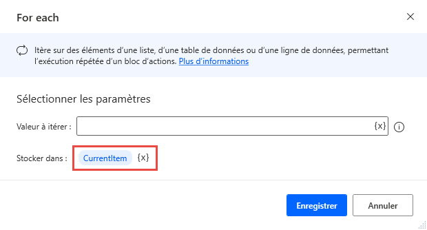 Capture d’écran de l’action Pour chaque.