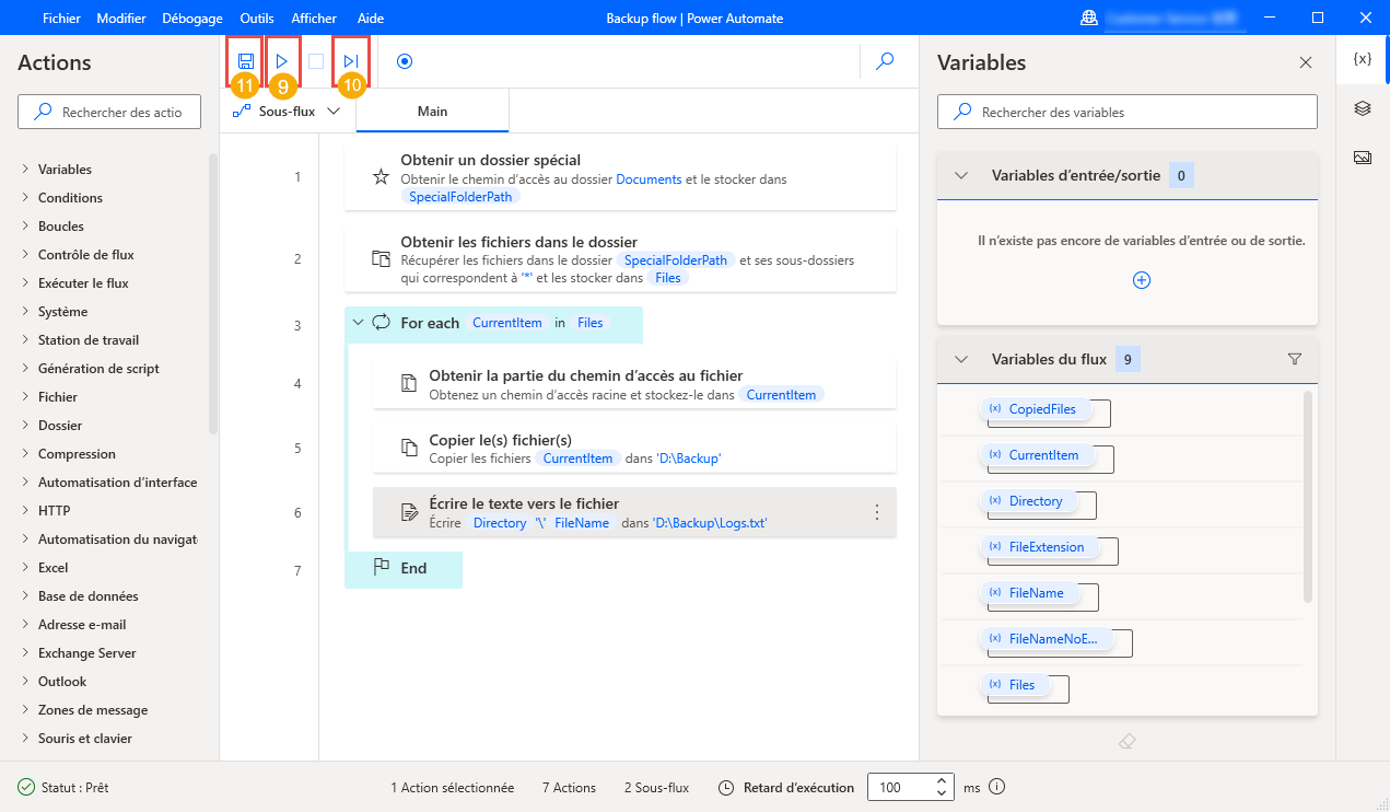 Capture d’écran du flux final et des boutons Exécuter, Exécuter l’action suivante et Enregistrer.