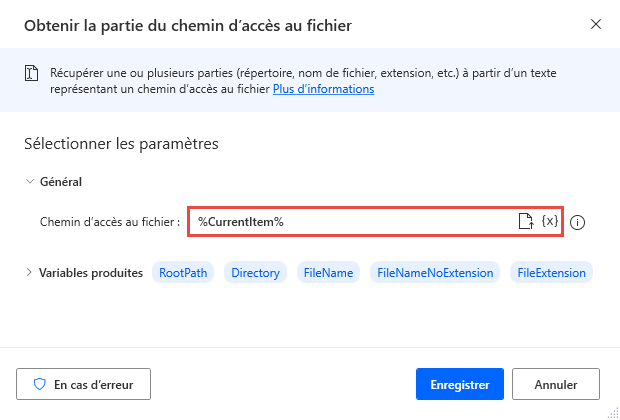 Capture d’écran de l’action Obtenir la partie du chemin d’accès au fichier.