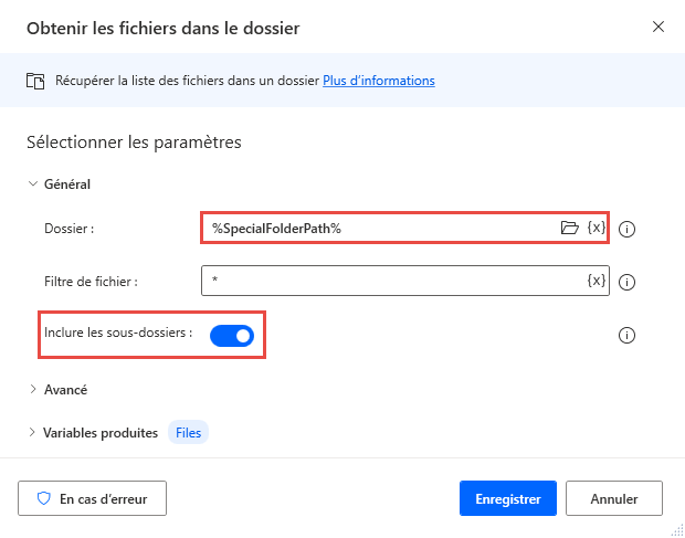 Capture d’écran de l’action Obtenir les fichiers dans le dossier.