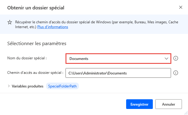 Capture d’écran de l’action Obtenir un dossier spécial.
