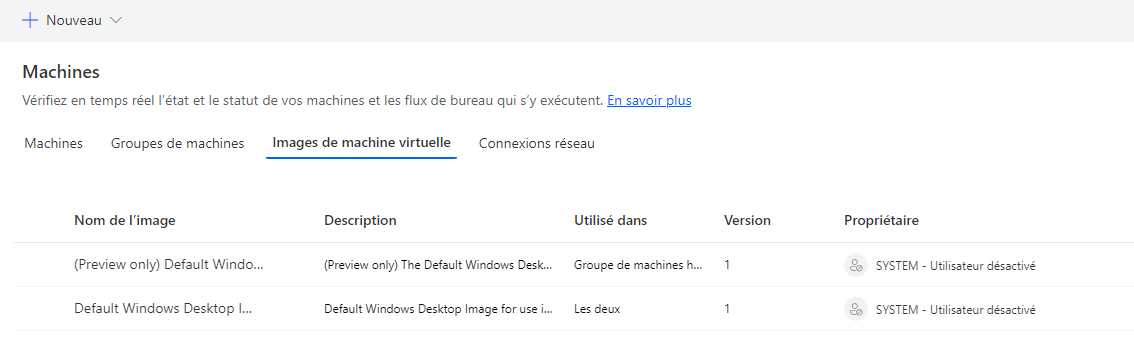 Capture d’écran de l’image de VM par défaut dans la liste d’images de VM.