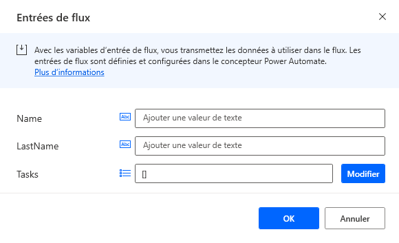 Capture d’écran de la boîte de dialogue Entrées de flux.