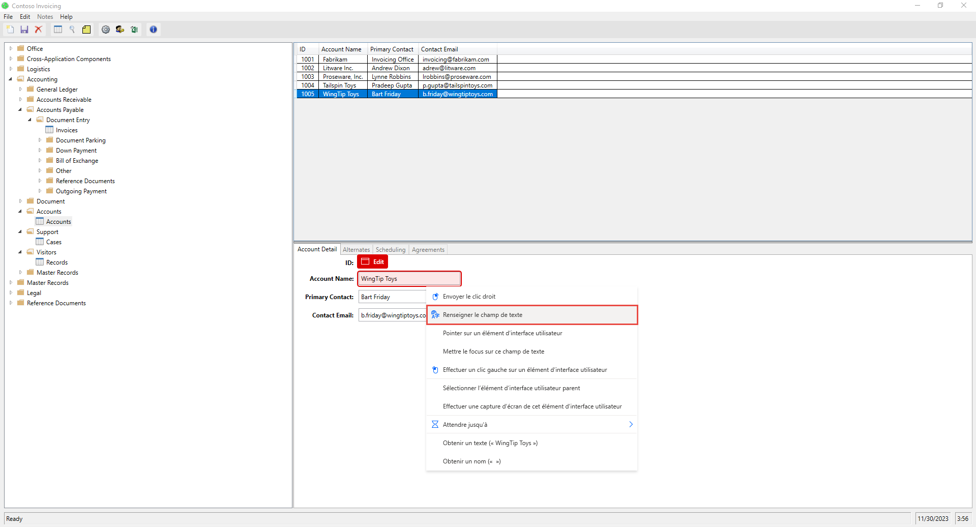 Capture d’écran de l’option de menu Renseigner le champ du texte.