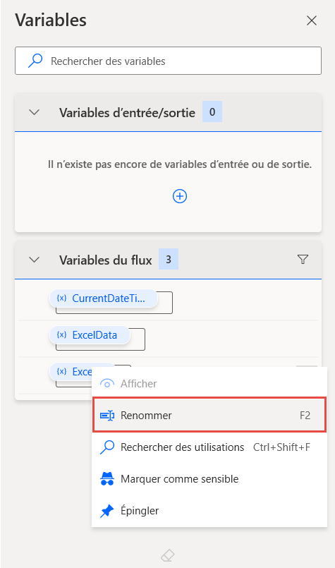 Capture d’écran de l’option Renommer une variable.