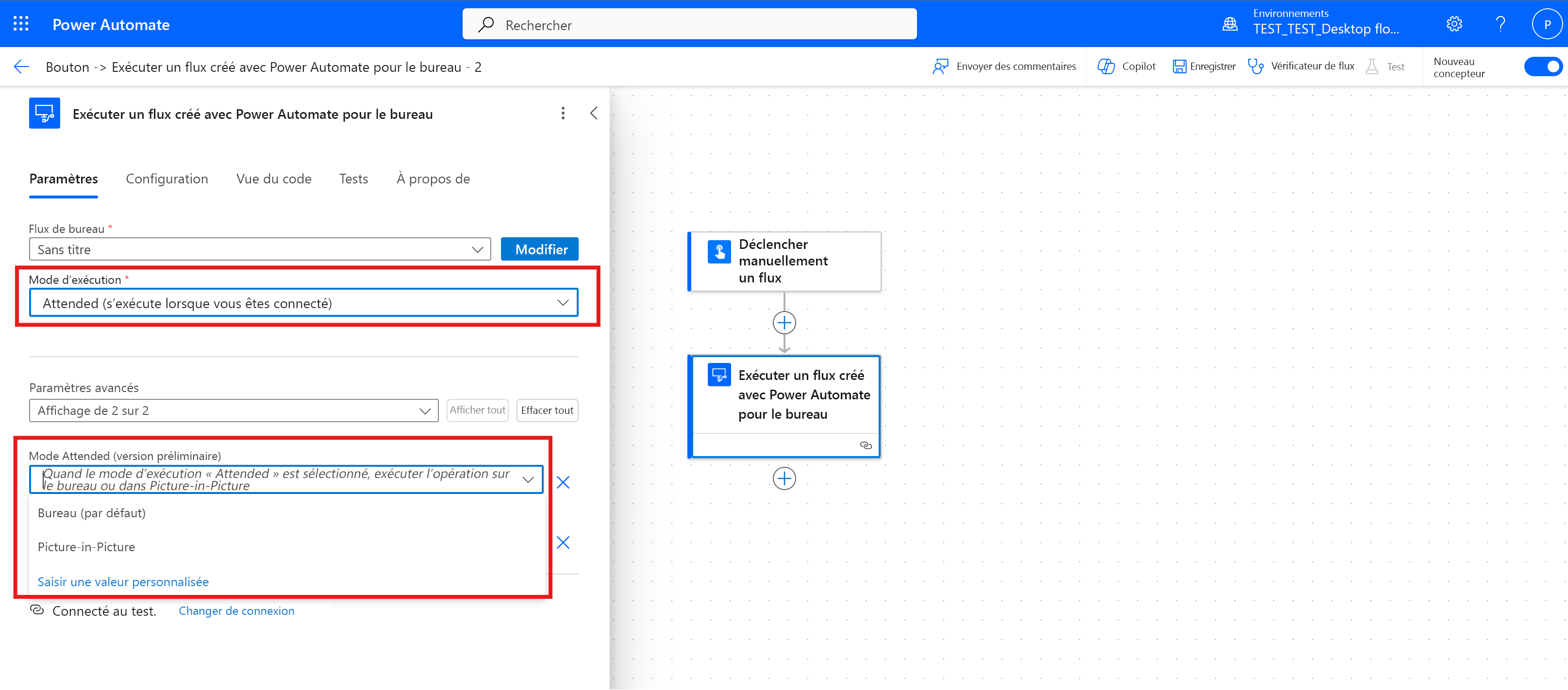 Définissez le paramètre Mode attended dans l’action de cloud Exécuter un flux créé avec Power Automate pour le bureau.