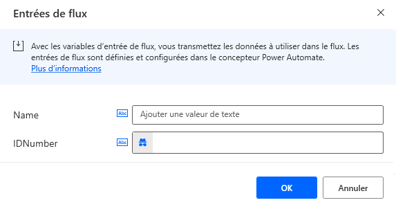 Capture d’écran de la boîte de dialogue des entrées de flux avec une variable sensible.