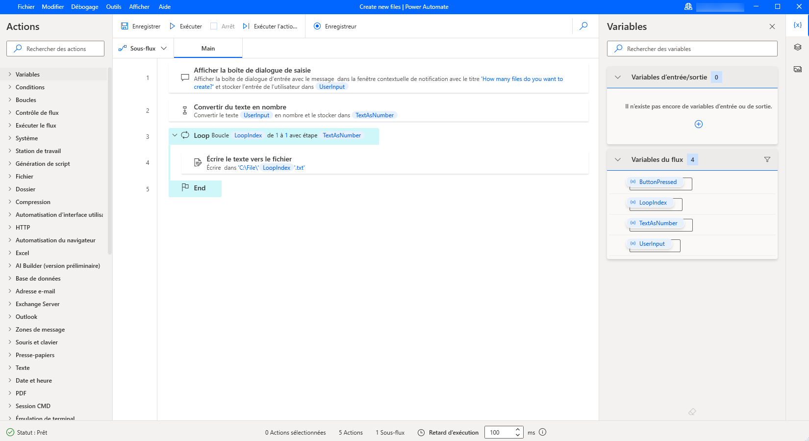 Capture d’écran d’un exemple de flux avec une action Boucle.