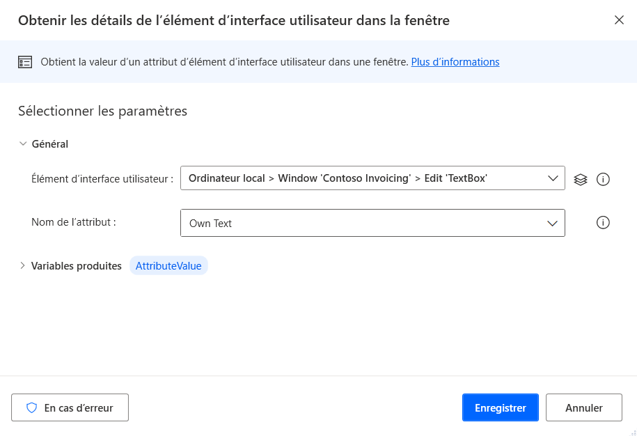 Capture d’écran de l’action Obtenir les détails de l’élément d’interface utilisateur dans la fenêtre.