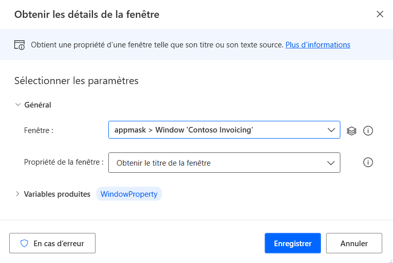 Capture d’écran de l’action Obtenir les détails de la fenêtre.