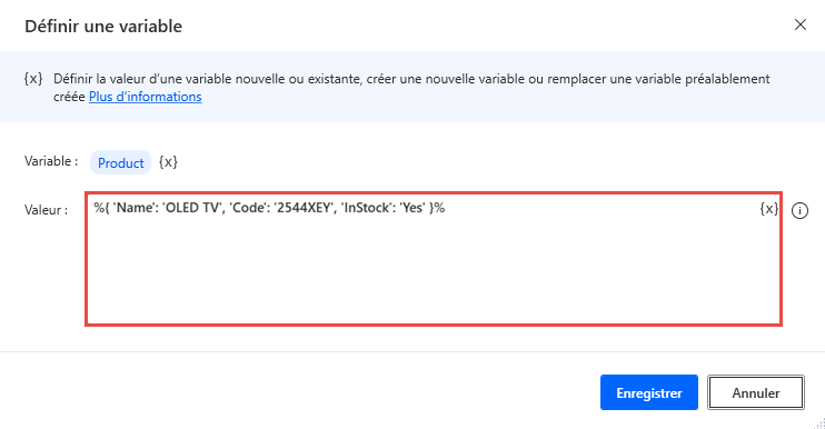 Capture d’écran d’une action Définir une variable qui crée un objet personnalisé.