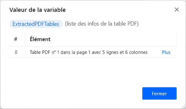 Capture d’écran d’une liste d’informations de la table PDF.