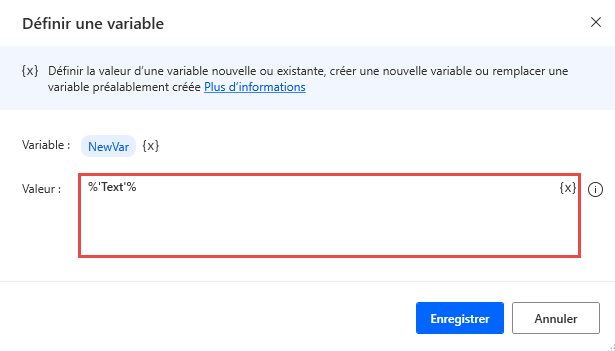 Capture d’écran des valeurs codées en dur dans le champ d’une action Définir une variable.