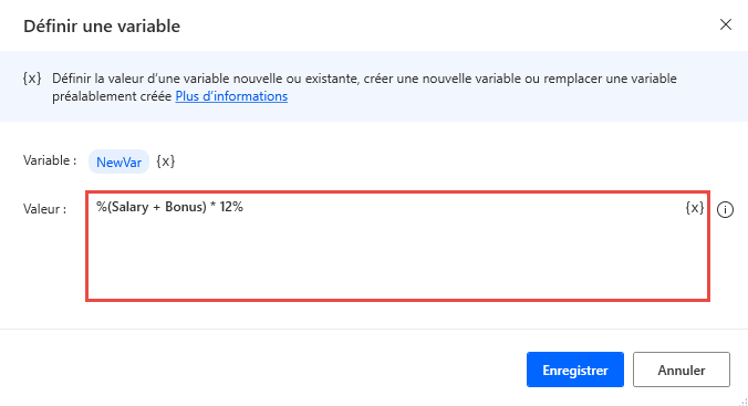 Capture d’écran d’une expression avec parenthèses dans un champ de l’action Définir une variable.