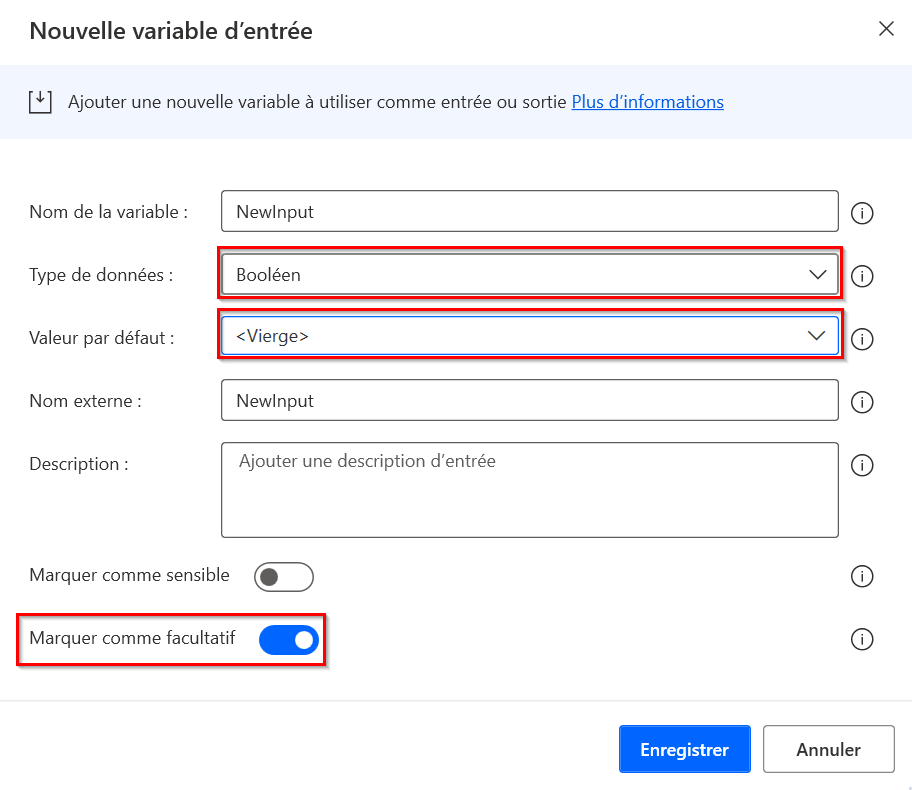 Capture d’écran de la configuration d’entrée de la variable booléenne pour utiliser Vide comme valeur par défaut.