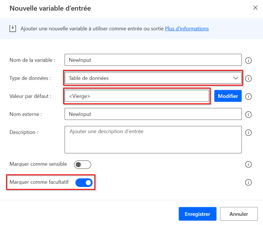 Capture d’écran de la configuration d’entrée de la table de données pour utiliser Vide comme valeur par défaut.