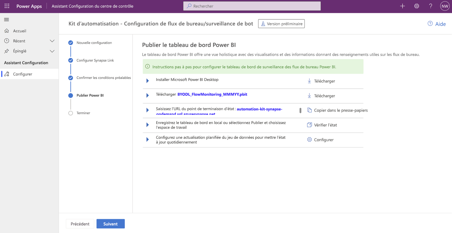 Capture d’écran du kit d’automatisation - Publier Power BI du centre de contrôle.