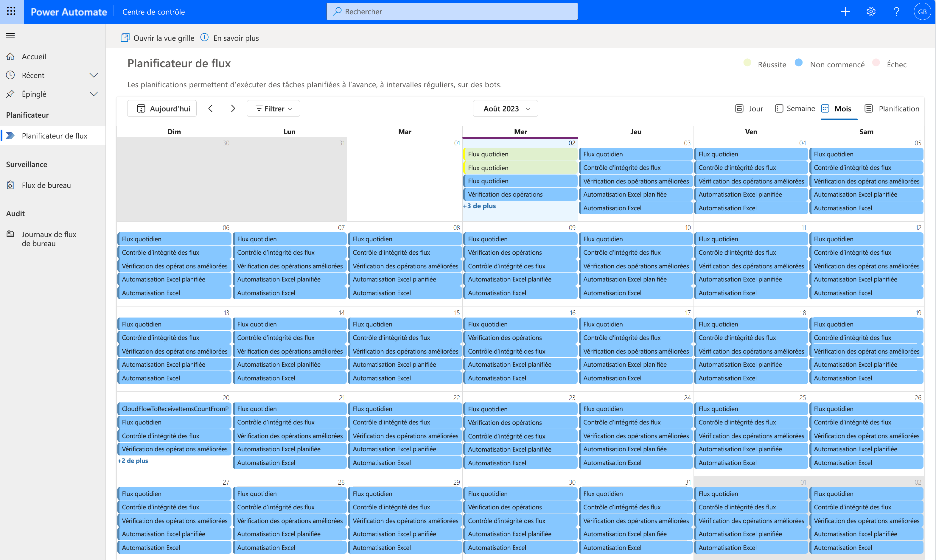 Capture d’écran de la vue Calendrier du planificateur avec le mois sélectionné.