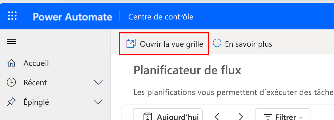 Capture d’écran du nouveau bouton « Ouvrir la vue de grille » sur la page d’accueil pour accéder à la page des exécutions de flux de bureau dans le portail Power Automate.