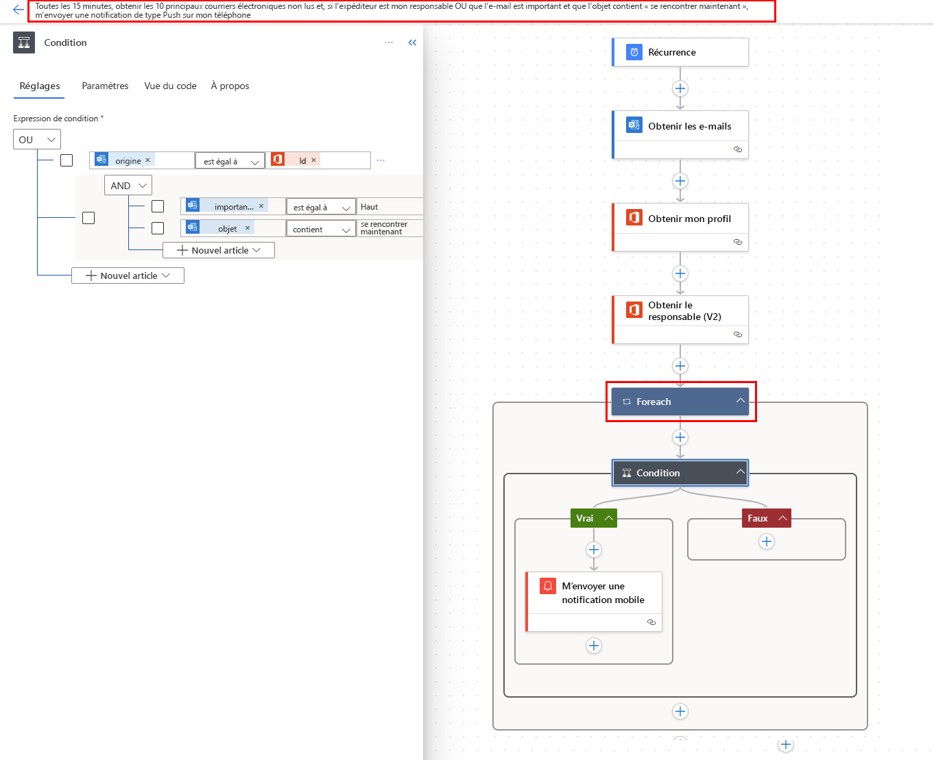 Capture d’écran d’un flux créé par Copilot en fonction de votre invite.