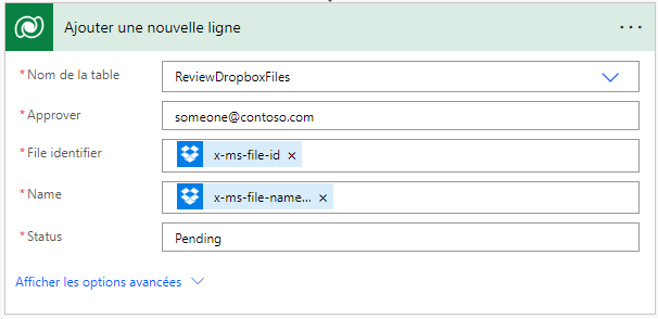 Capture d’écran de l’action Dataverse Ajouter une nouvelle ligne configurée.