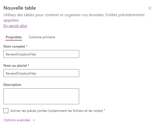 Capture d’écran de la boîte de dialogue Nouvelle table.